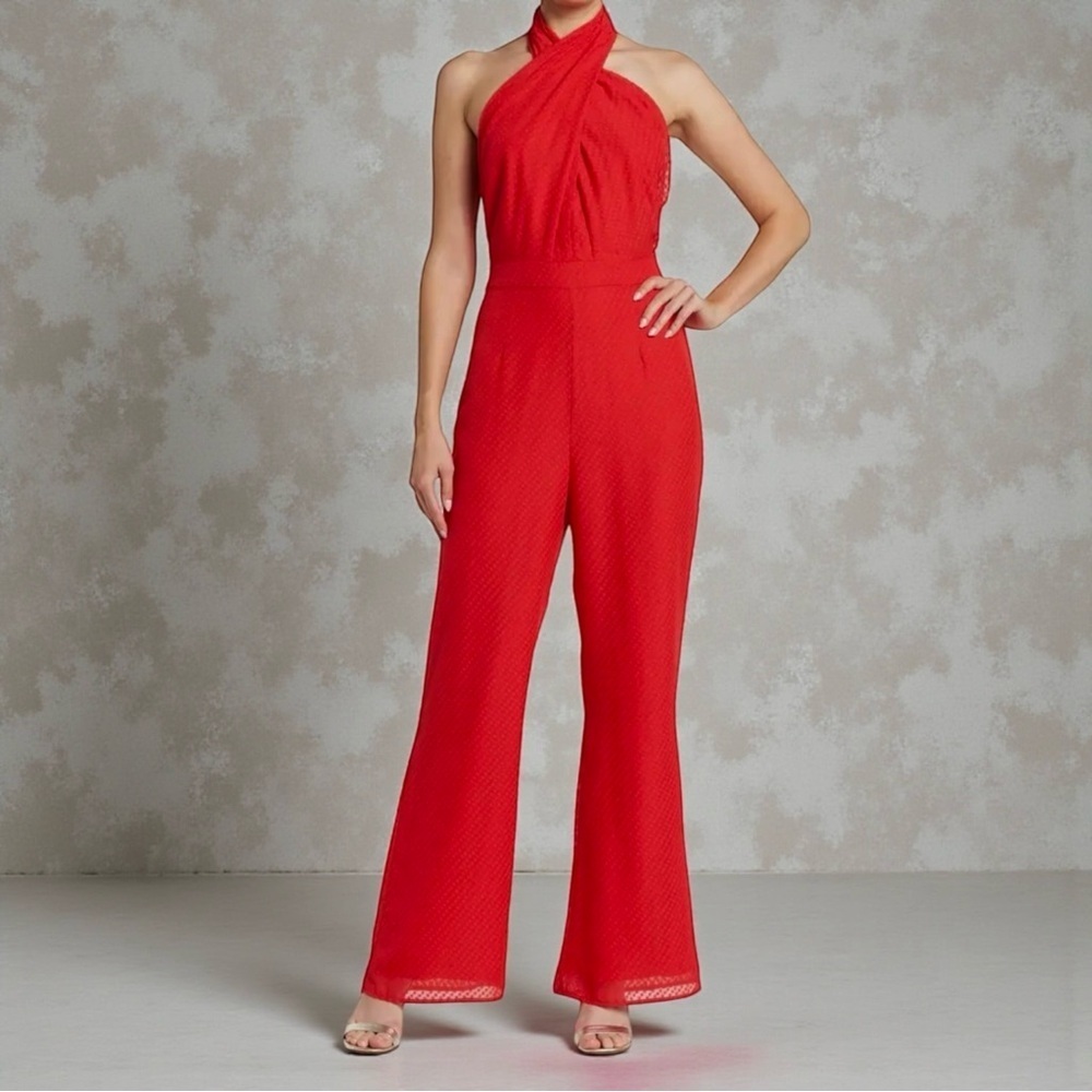 🌻Anthropologie Adelyn Rae Linda Red Criss-Cross Neck Halter Jumpsuit Size XS